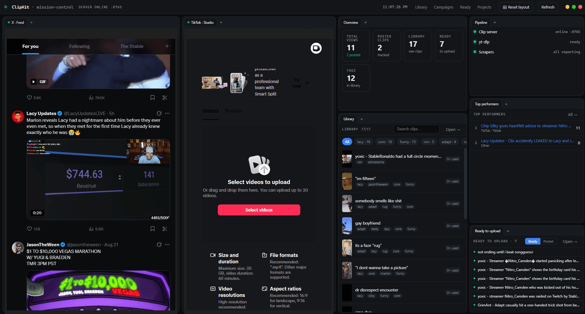 Preview of ClipKit's Mission Control — a multi-panel command center for feeds, pipeline, library, and posting queue. Blurred; the product is still in development.