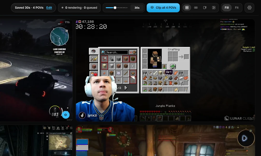 ClipKit's Viewer just after Clip all: 'Saved 30s · 4 POVs' with an Edit button in the top bar.