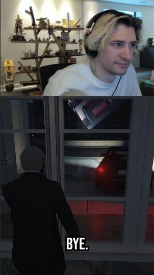 The vertical clip ClipKit made: xQc's facecam on top, the gameplay below, and the caption “BYE.”