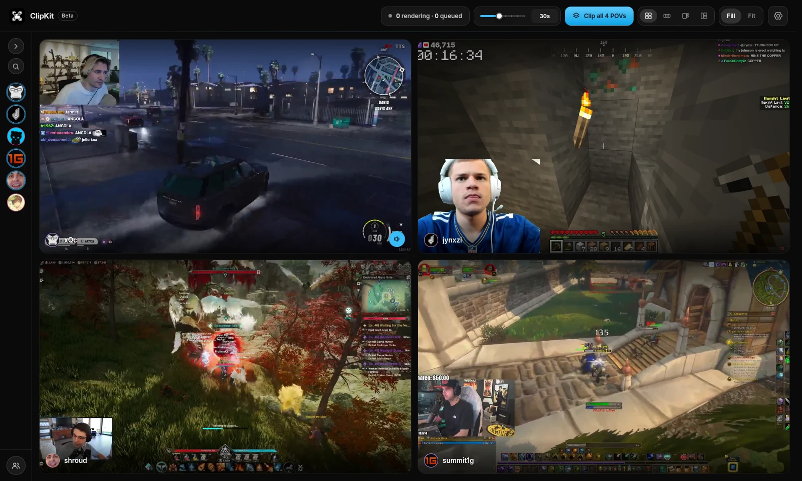 ClipKit's Viewer with four live streams playing at once (xQc, jynxzi, shroud and summit1g) and Clip all 4 POVs in the top bar.